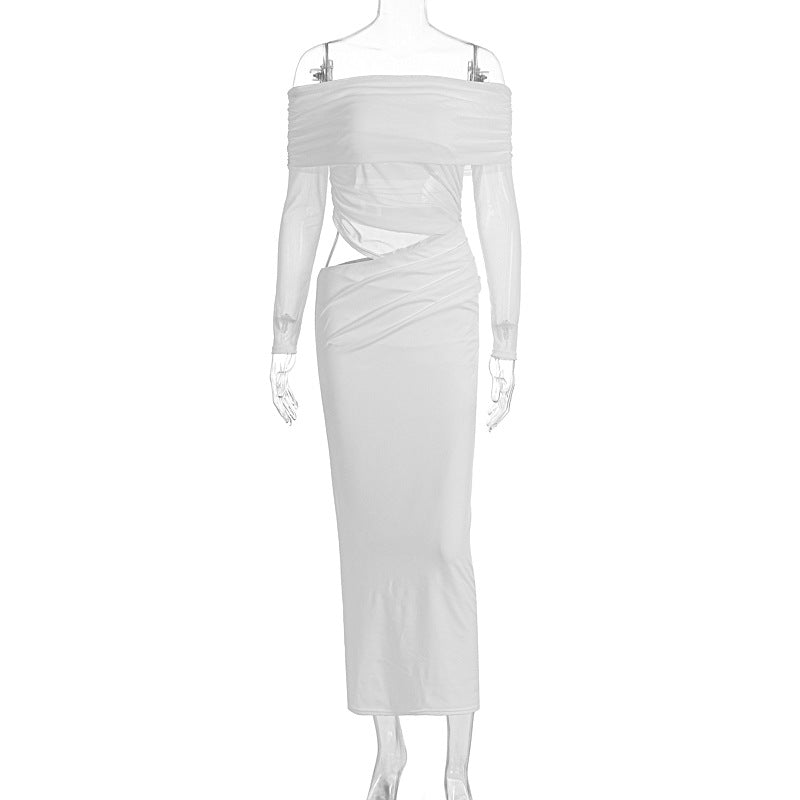 Bella Mia summer women’s maxi dress with sexy mesh stitching, slim fit tube top style, long sleeves, and elegant design.