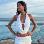 Women’s solid color sequined bikini swimsuit and sun-proof skirt set by Plush Fashion Hub, perfect for beachwear and summer sun.
