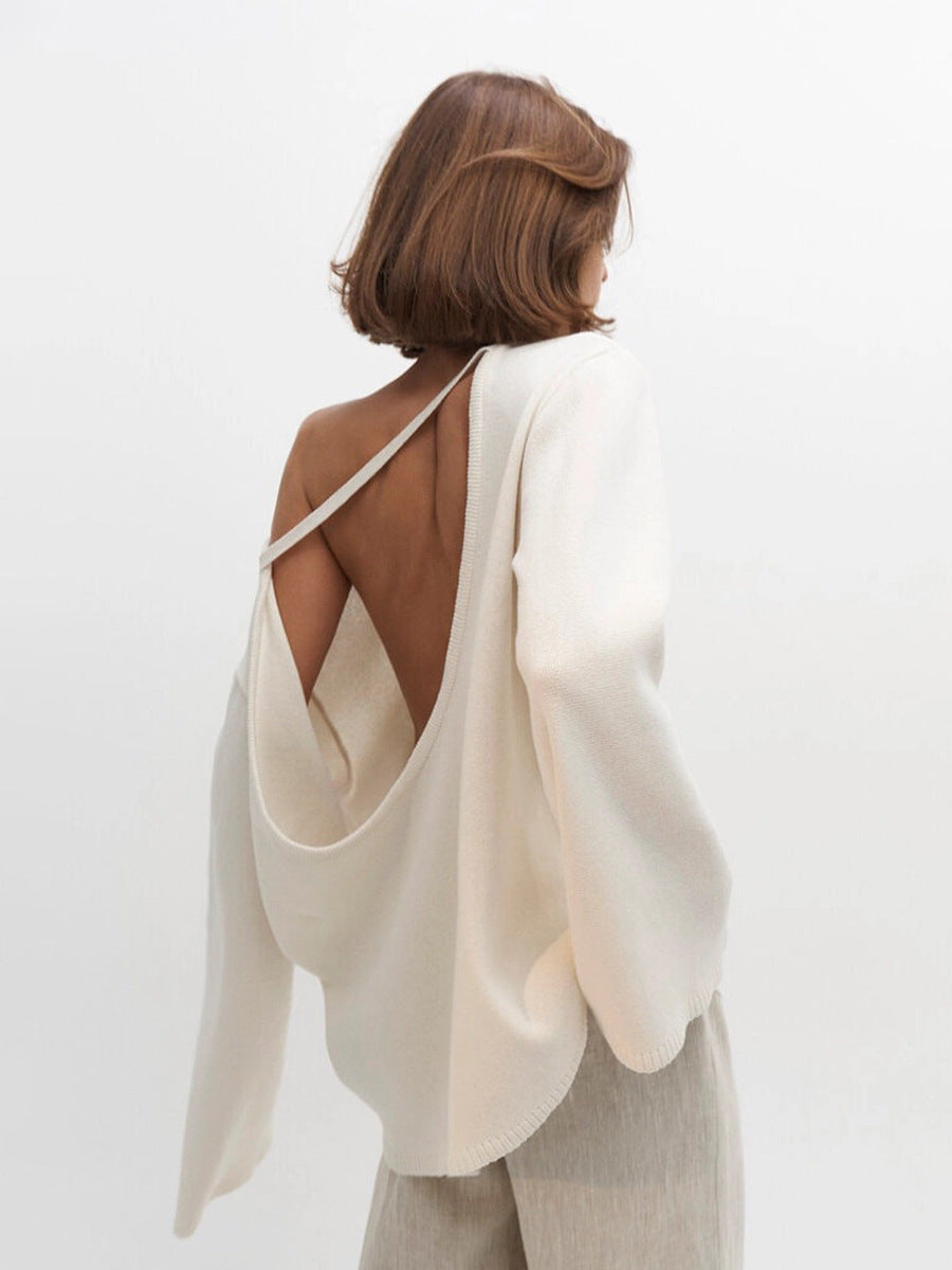Bella Mia women's cotton backless pullover sweater with loose fit, knitted autumn winter knitwear, cozy and stylish for women.