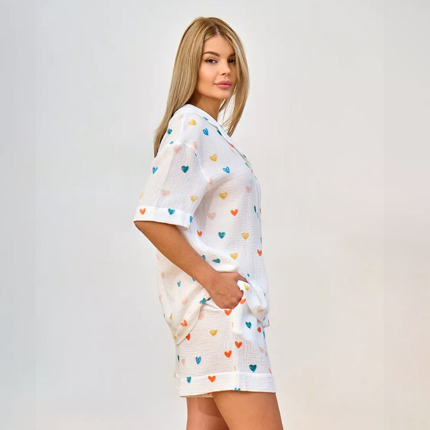 Bella Mia summer layered crepe pajamas set with heart print, featuring a cardigan, half sleeves, and shorts for women’s homewear.