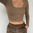 Women’s large round neck long sleeve rib knit short top, casual and slim fit, perfect for autumn and winter wear.