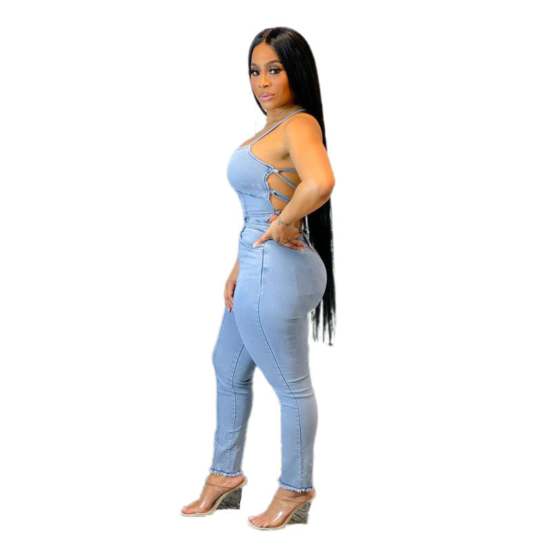 Casual slim fit backless bandage denim jumpsuit by Plush Fashion Hub, featuring a stylish backless design and fitted silhouette.