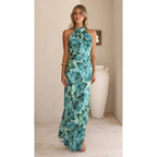 Floral digital printing halter mid-length dress by Plush Fashion Hub, perfect for spring and summer occasions.