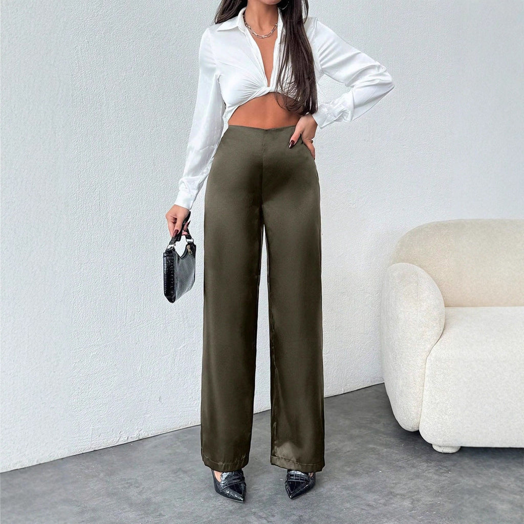 Women’s black satin casual wide-leg pants by Bella Mia, featuring a loose fit and autumn-ready satin fabric.