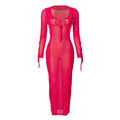 Elegant women’s dress by Wanita Store featuring a solid autumn color, tied design, long wooden earrings, and slim fit style.