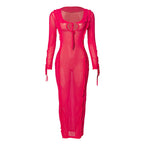 Elegant women’s dress by Wanita Store featuring a solid autumn color, tied design, long wooden earrings, and slim fit style.