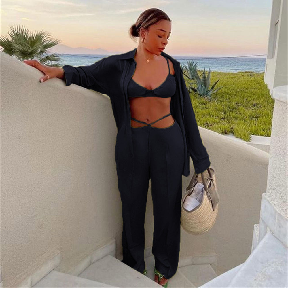 Elegant satin shirt vest and straight-leg pants suit for women, perfect for spring and summer casual vacations.