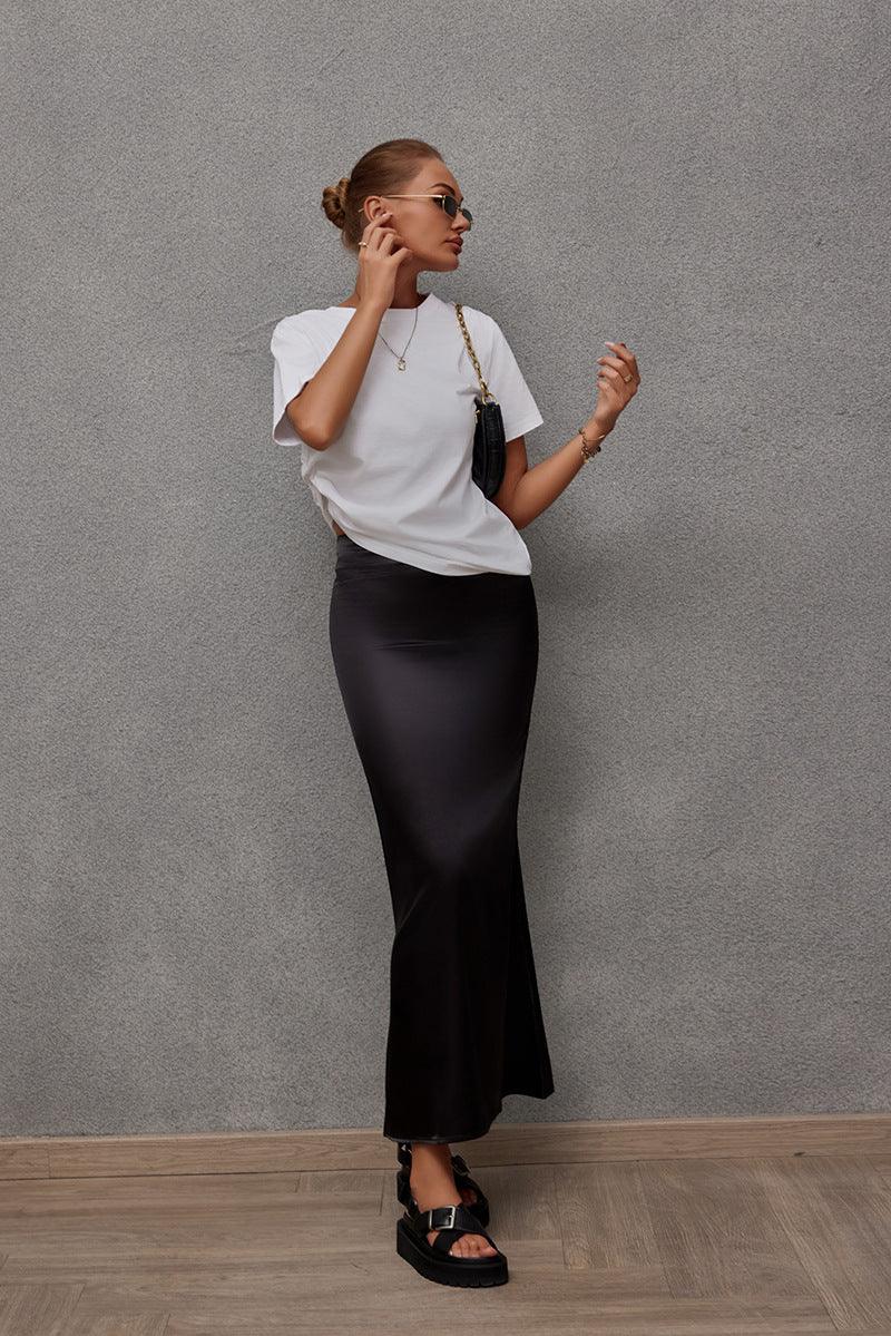 Bella Mia women's satin hip skirt with artificial silk fabric, casual spring and summer style, lightweight and stylish for warm weather.