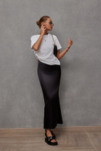 Bella Mia women's satin hip skirt with artificial silk fabric, casual spring and summer style, lightweight and stylish for warm weather.