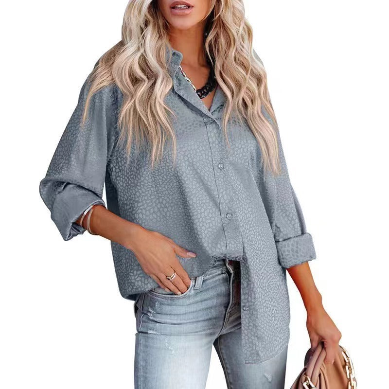Women’s satin long sleeve top with a gravel pattern, loose fit, and autumn comfort from Bella Mia.