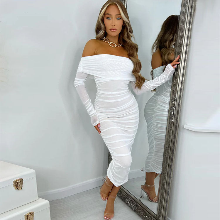 Women’s Bella Mia spring long sleeve off-shoulder pleated dress in solid color, stylish and slim fit for parties and early spring wear.