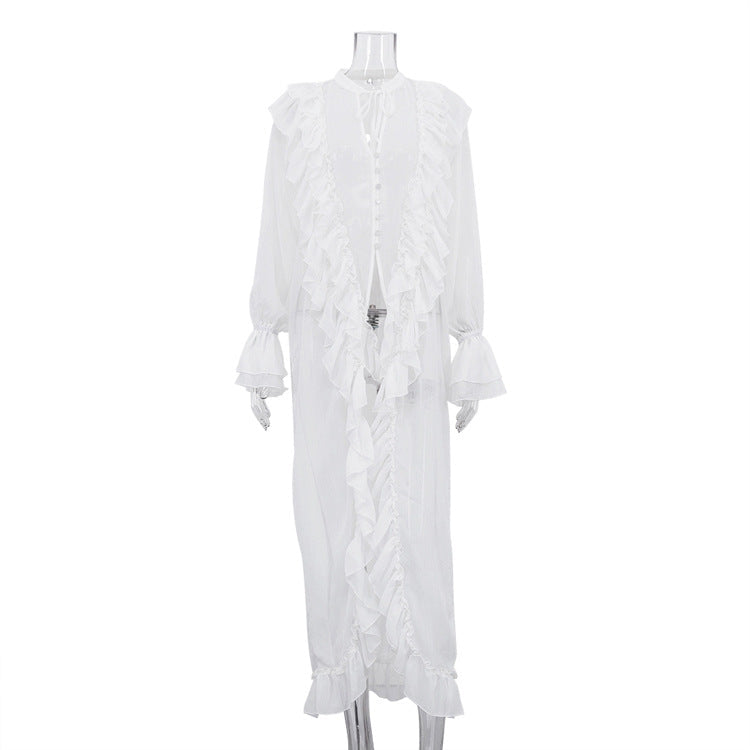 Women’s ruffled chiffon dress with long sheer sleeves and single-breasted design, featuring a sexy, elegant style.