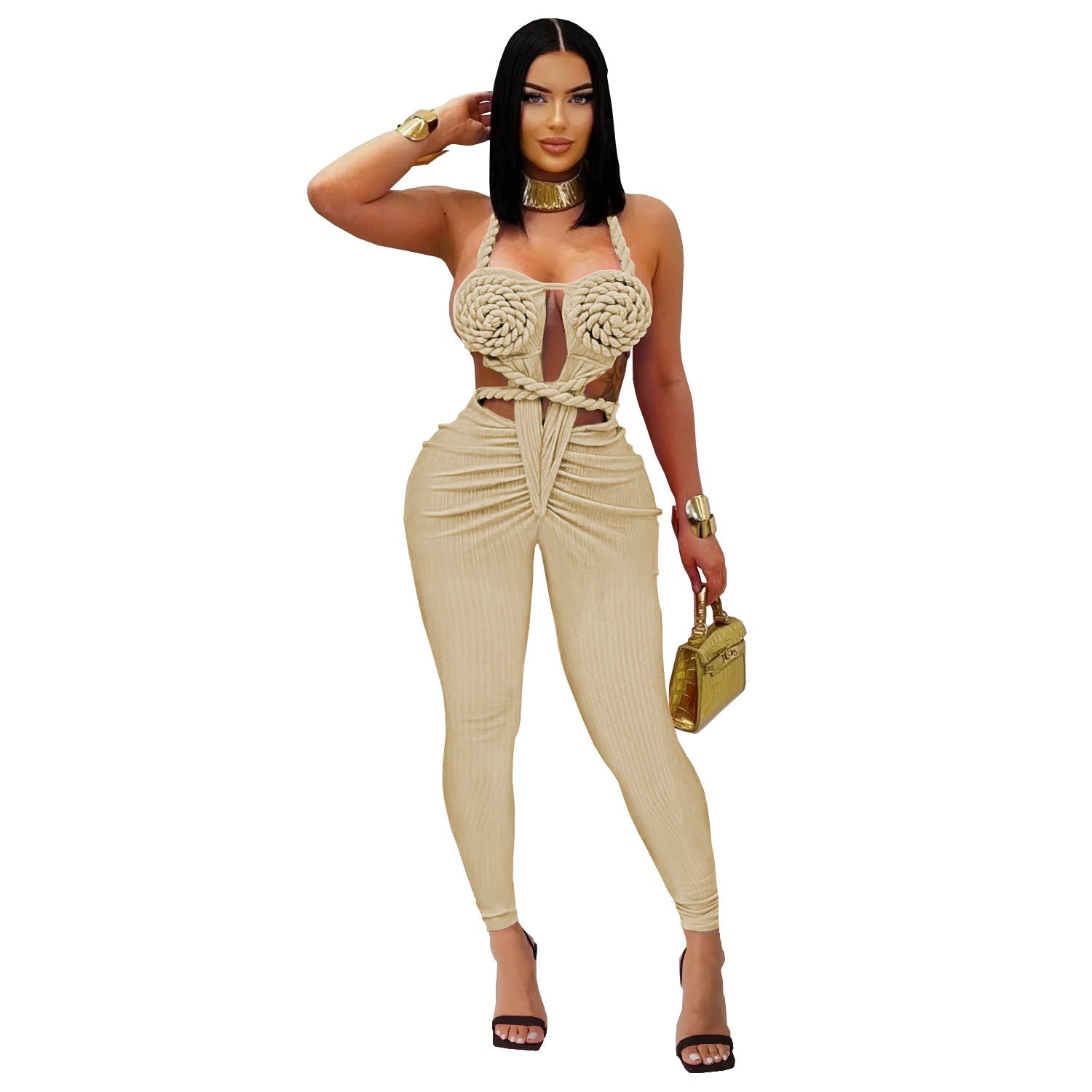 Women’s casual backless solid color jumpsuit with halter neckline, stylish and comfortable, by Wanita Store.