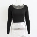 Women's long sleeve ribbed knit top with large round neck, casual slim fit shirt for autumn and winter wear.