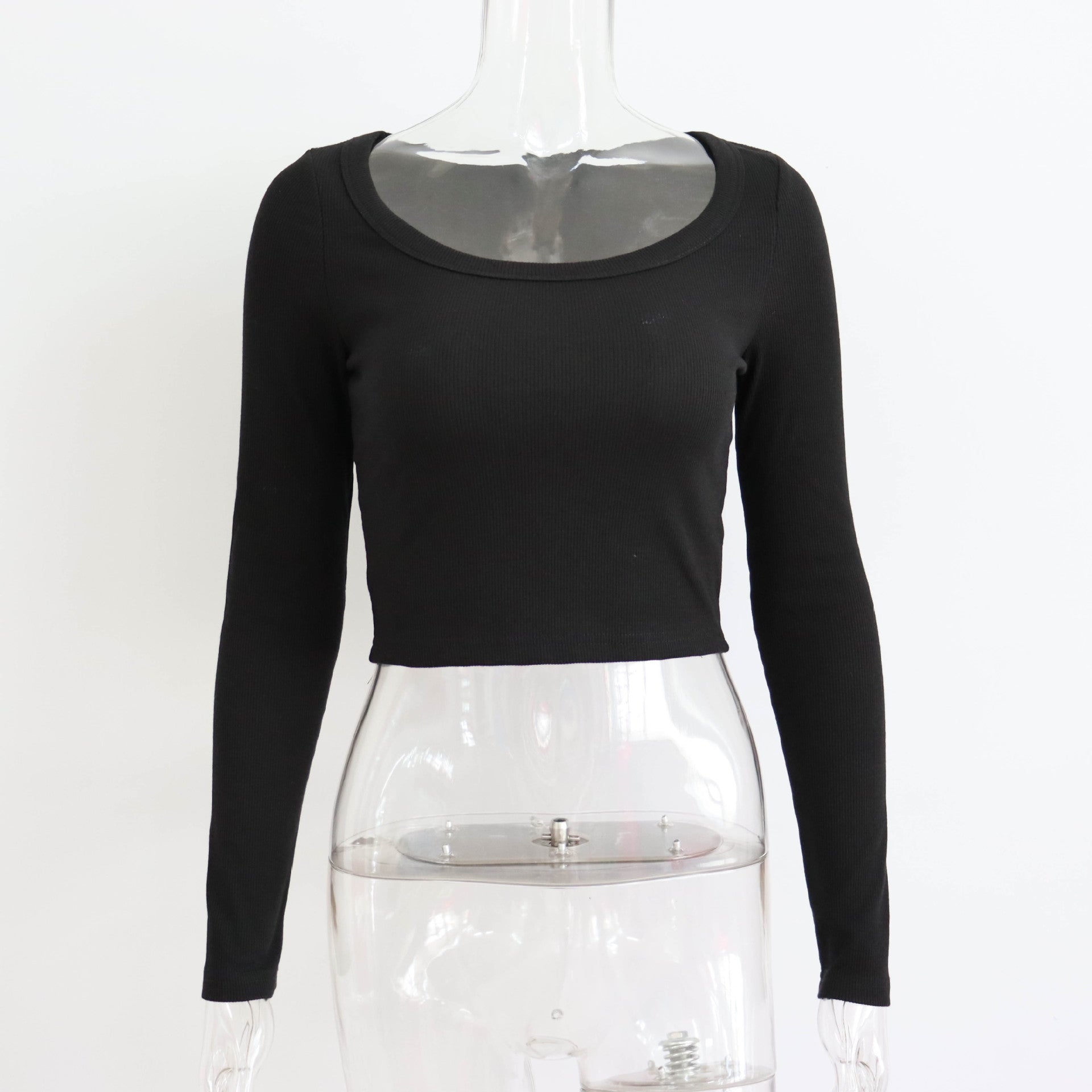 Women's long sleeve ribbed knit top with large round neck, casual slim fit shirt for autumn and winter wear.