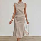 Women’s satin pleated midi dress by Bella Mia, summer sexy satin dress with a flowy, elegant design, shown in a stylish image.