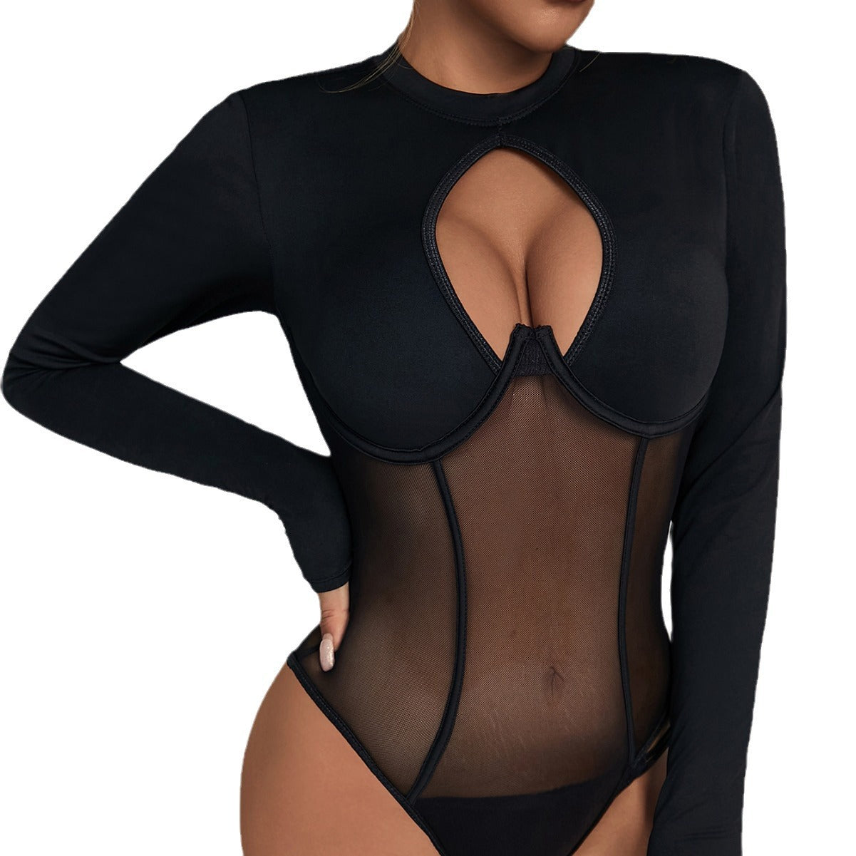 Bella Mia backless mesh jumpsuit with round neck, cutout design, slim fit, and patchwork details, styled with inner push-up support.