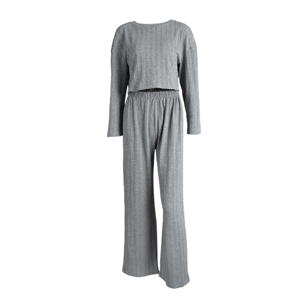 Gray long sleeve pajama set for women with wheat jacquard pattern, cozy winter loungewear from Plush Fashion Hub