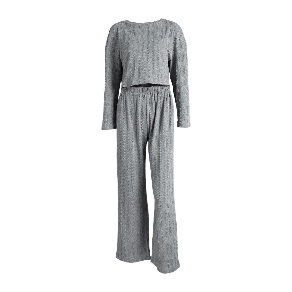 Gray long sleeve pajama set for women with wheat jacquard pattern, cozy winter loungewear from Plush Fashion Hub