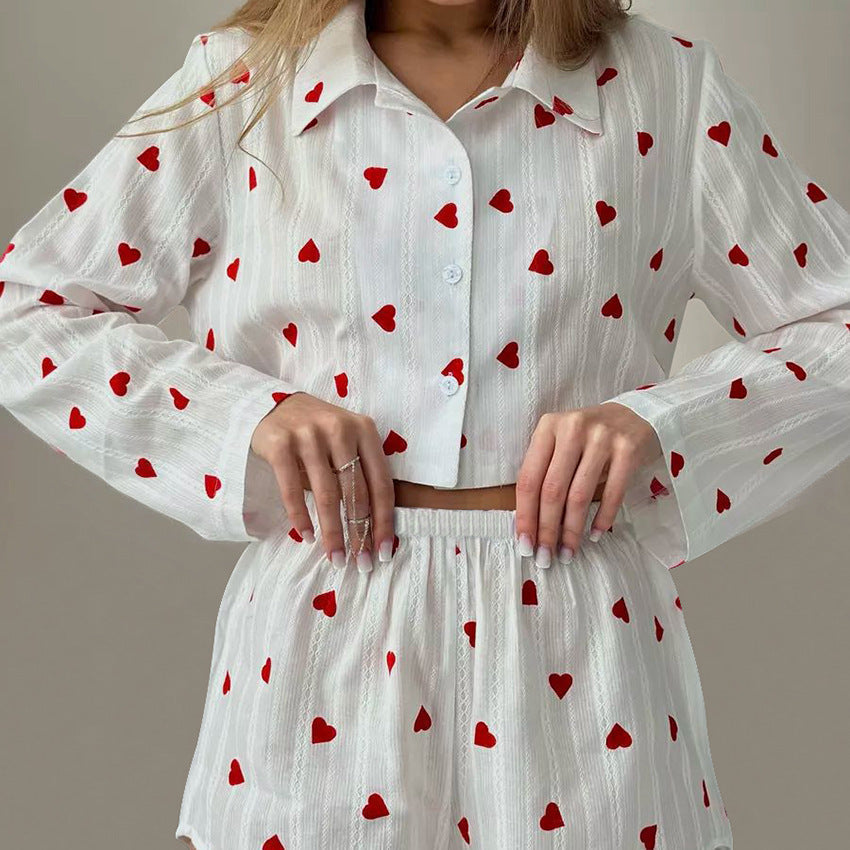 Bella Mia spring pure cotton jacquard pajama set with heart print, long sleeves, and shorts, perfect for ladies' homewear.