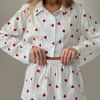 Bella Mia spring pure cotton jacquard pajama set with heart print, long sleeves, and shorts, perfect for ladies' homewear.