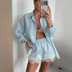 Retro design women's long sleeve collared lace stitching shirt and shorts two-piece set by Plush Fashion Hub, casual and stylish.