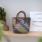 Retro color portable straw woven bag by Bella Mia, square hand-woven beach bag ideal for vacation and summer outings.