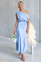 Summer off-shoulder cocktail dress by Plush Fashion Hub featuring a sloping shoulder design and solid color with a tied waist.