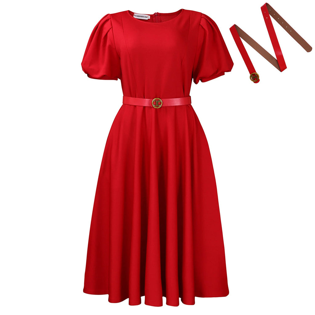 Women’s high waist puff sleeve round neck dress by Plush Fashion Shop, featuring a stylish and elegant design.