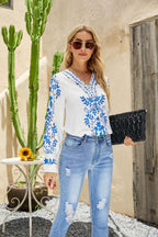 Ethnic print V-neck long sleeve top shirt for women by Bella Mia, casual and stylish with vibrant patterns.
