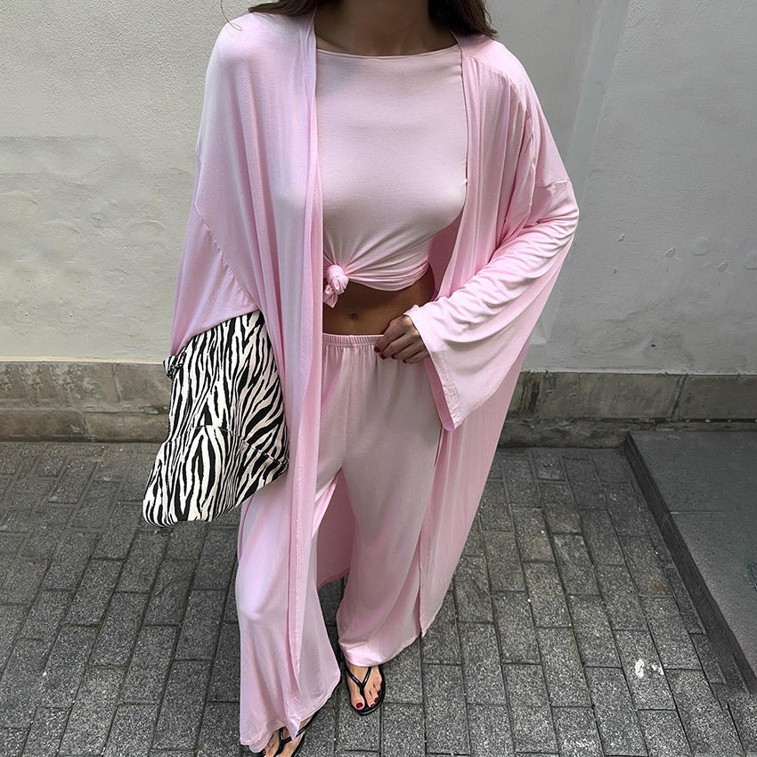 Bella Mia summer three-piece pajamas set with knitted solid color top, trousers, and comfortable home wear for women.