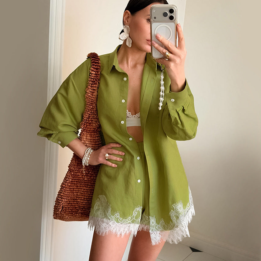 Retro design women’s long sleeve collared shirt and shorts two-piece set by Plush Fashion Hub, featuring lace stitching details.
