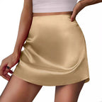 Bella Mia satin mini A-line pleated high-waist skirt for women, stylish and elegant with a smooth satin finish.