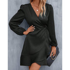 Bella Mia V neck satin waist tight low cut casual midi dress for women, featuring a V neckline and sleek satin fabric.