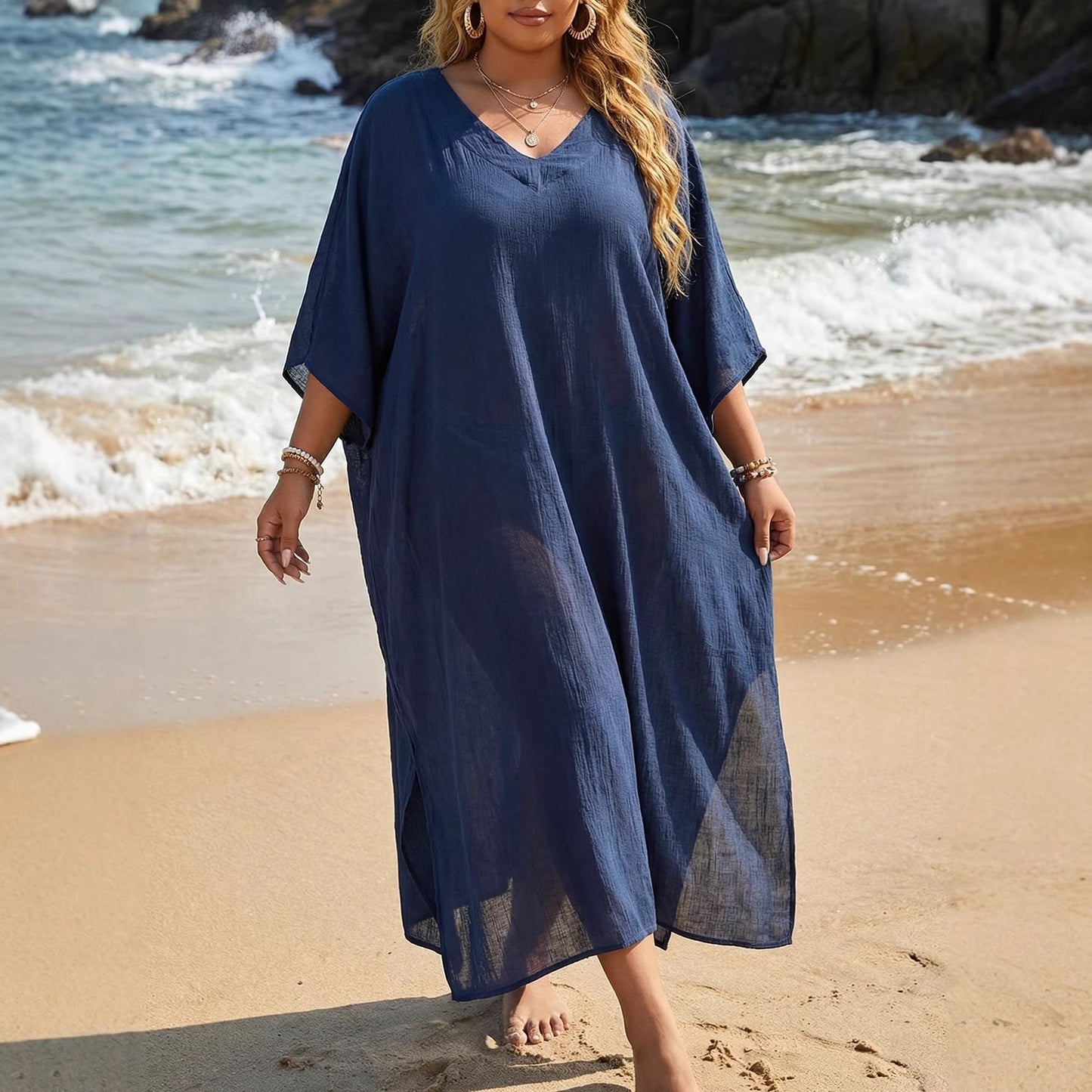 Women’s summer beach cover-up dress by Plush Fashion Hub, V-neck, loose fit, casual style with side splits, lightweight and comfortable.