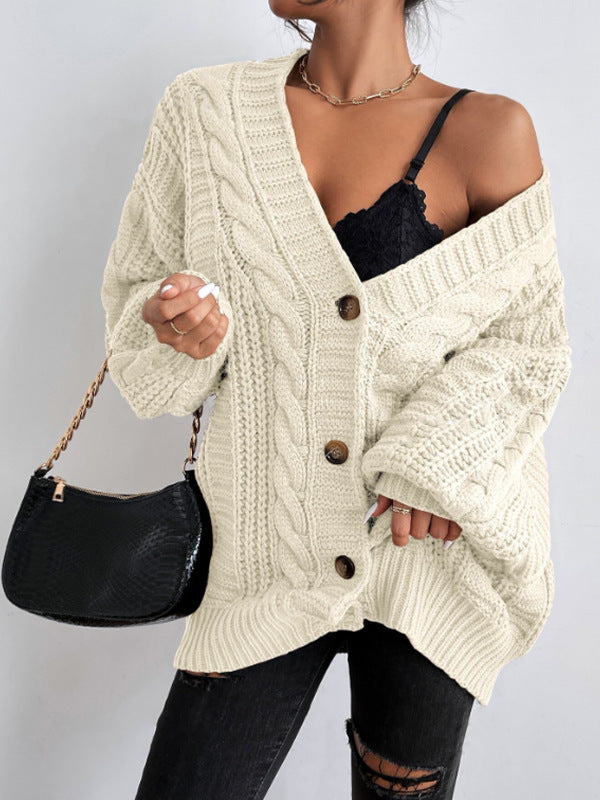 Bella Mia women's V-neck sweater with retro loose fit, twist knit, lantern sleeves, and cardigan style knitted coat.