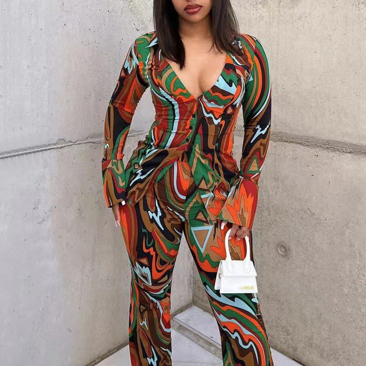 Fall deep V plunge suit for women by Plush Fashion Hub, featuring a sexy printed shirt and wide-leg casual pants.