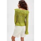 Women’s lace V-neck shirt with long sleeves and ruffled details, stylish autumn short knitted cardigan by Plush Fashion Hub.