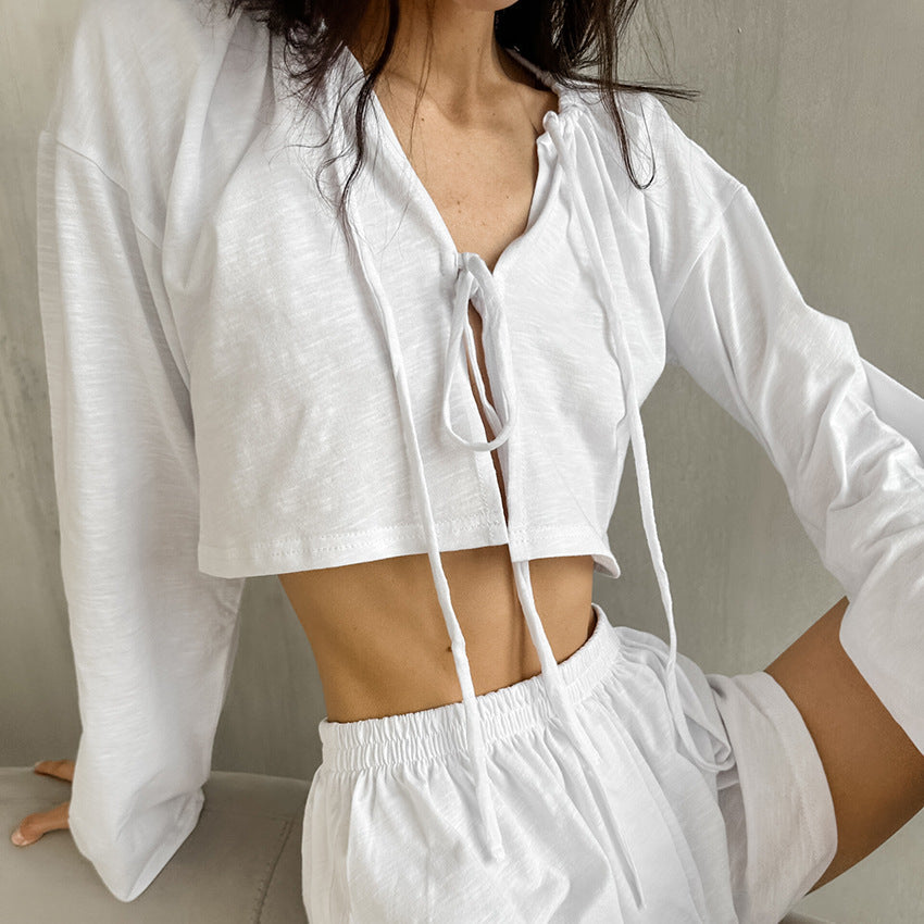 Bella Mia spring white cotton cardigan and pajama set with lace-up long sleeves and shorts, casual ladies homewear two-piece.