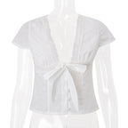 Bella Mia women's summer V-neck bow bandage short sleeve T-shirt top, stylish and sexy short-sleeve summer clothing for women.