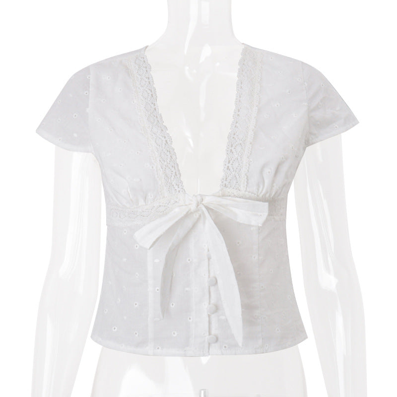 Bella Mia women's summer V-neck bow bandage short sleeve T-shirt top, stylish and sexy short-sleeve summer clothing for women.