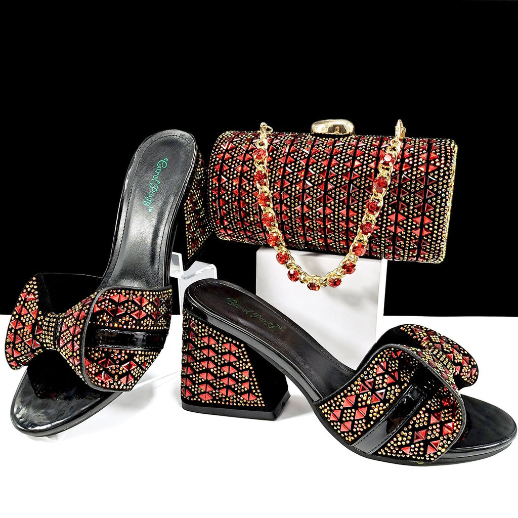 Women’s high heel slippers and cylindrical bag set with rhinestone embellishments, perfect for summer casual wear.