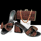 Women’s high heel slippers and cylindrical bag set with rhinestone embellishments, perfect for summer casual wear.
