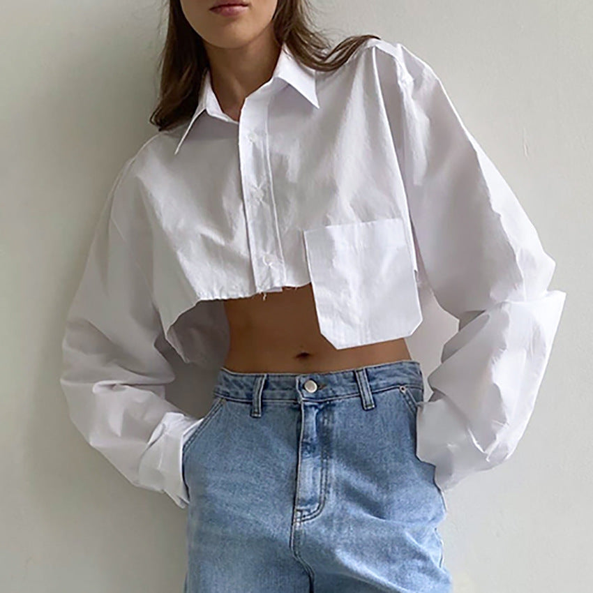 Autumn Cropped Asymmetric Stitching Casual Dignified Sense of Design Short Model in White Color Shirt Women Clothing Bella Mia