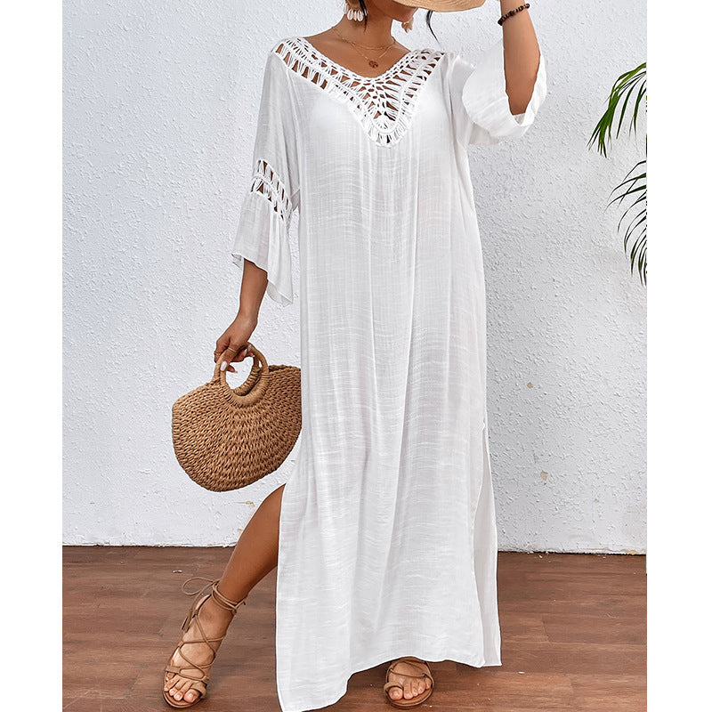 Colorful crochet long beach overskirt with backless cutout, loose fit, and hollow-out design by Bella Mia for women.