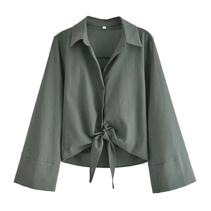 Fall Women Clothing Cotton Linen Bow Tie Shirt Long Sleeve Top Bella Mia
