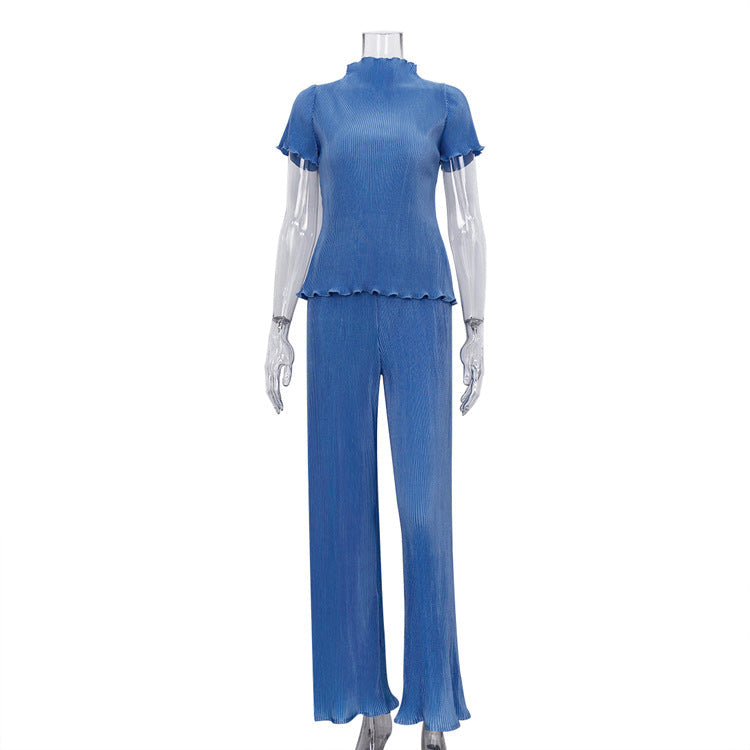 Blue high-waist pleated wide-leg pants from Wanita Store, styled with a spring slimming T-shirt for casual women's fashion.