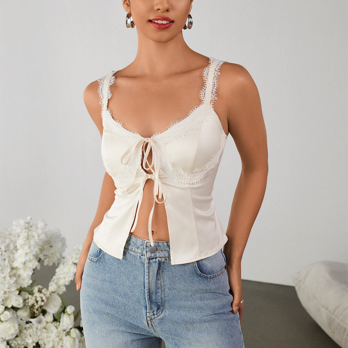 Bella Mia matte high elastic lace cutout small strap top with lace-up back and hollow out design, stylish and sexy for women.