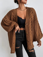 Women’s V-neck retro loose twist lantern sleeve knitted cardigan by Bella Mia, showcasing a cozy, stylish knit coat with a relaxed fit.