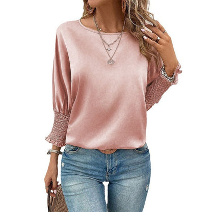 Casual Loose Women T shirt Smocking Batwing Sleeve Solid Color round Neck Top Spring Summer Women Bella Mia